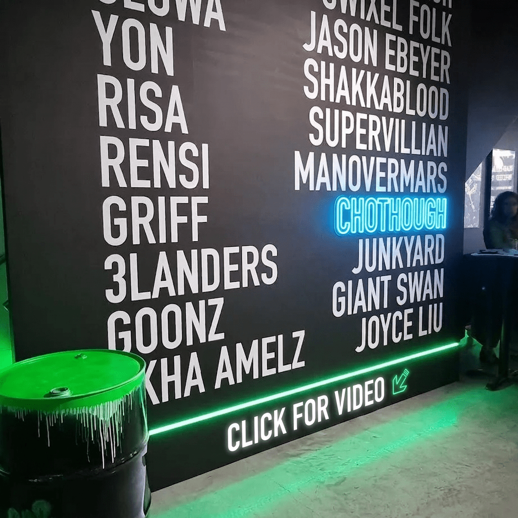 Neon highlight name, add Click for video text